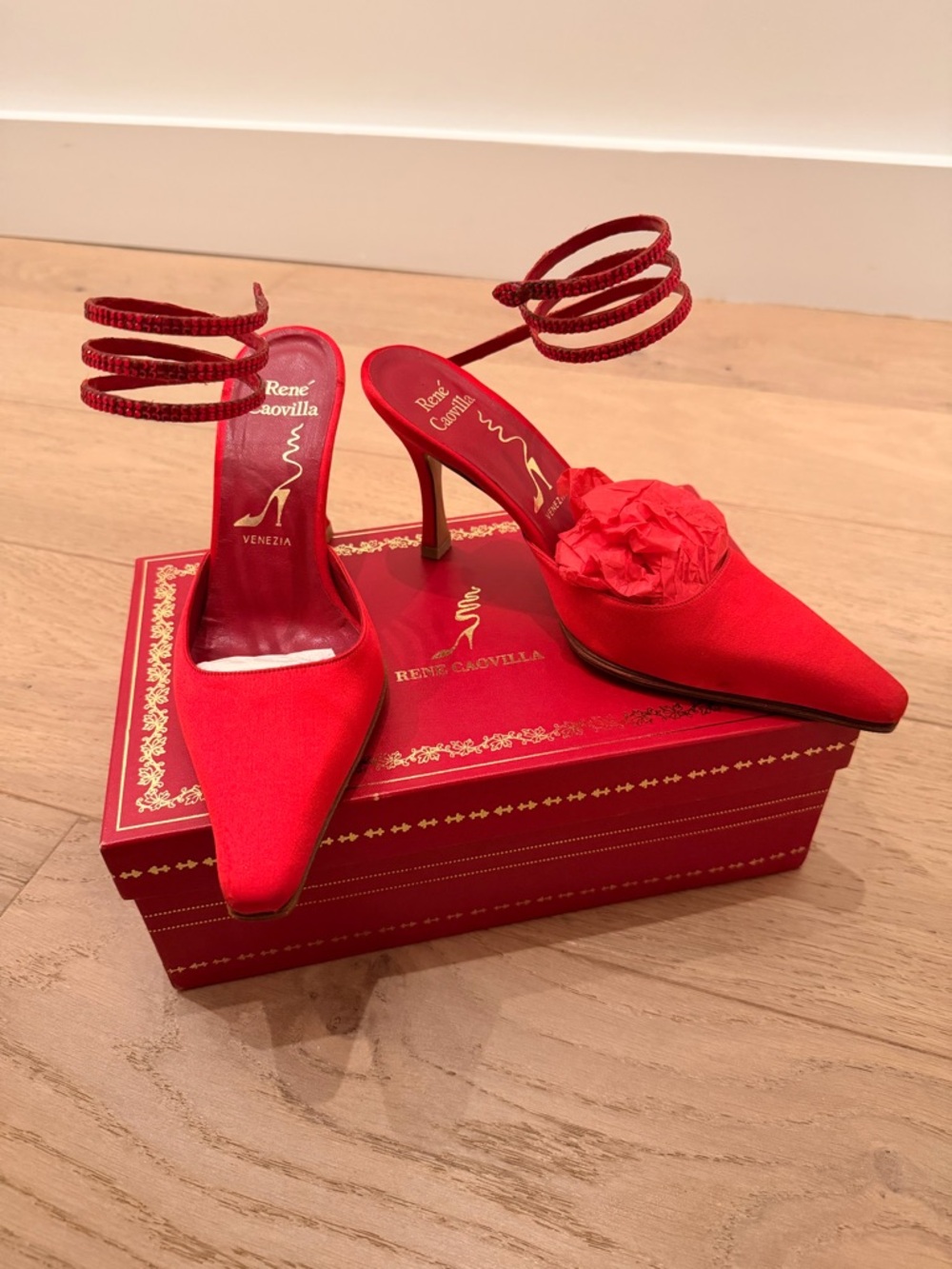 Rene Caovilla Red Satin Crystal Wrap Serpent Heels - Picture 2 of 10